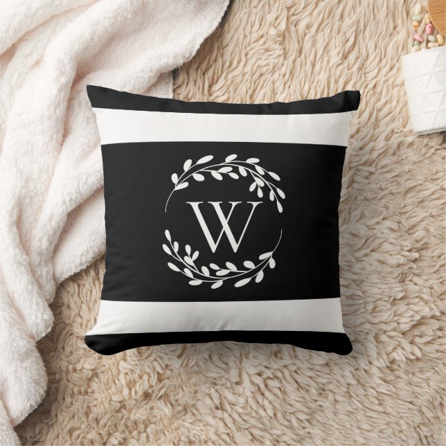Black and White Floral Monogram Throw Pillow (Blanket)