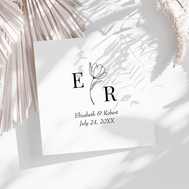 Black and White Floral Monogram Wedding Napkins (Black and White Floral Monogram Wedding Napkins on a sunny white wedding.)