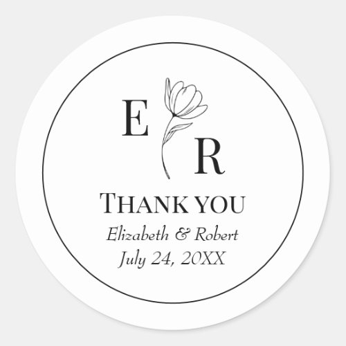 Black and White Floral Monogram Wedding Thank You Classic Round Sticker