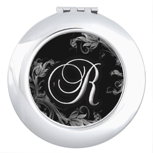 Black and White Floral Monogrammed compact mirror (Front)