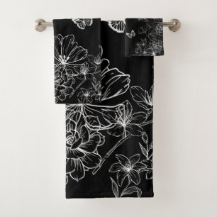 Black and White Floral Nature Pattern Minimalist Bath Towel Set