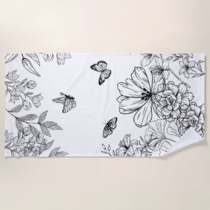 Black and White Floral Nature Pattern Minimalist Beach Towel