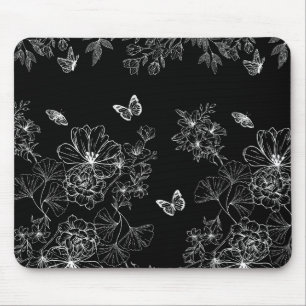 Black and White Floral Nature Pattern Minimalist Mouse Pad