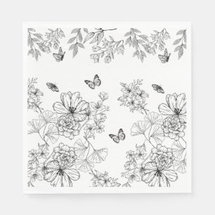 Black and White Floral Nature Pattern Minimalist Napkins