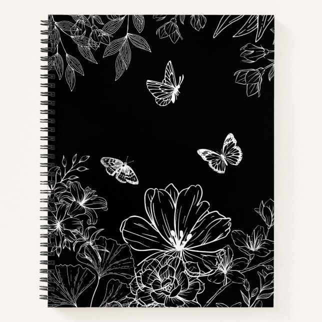 Black and White Floral Nature Pattern Minimalist Notebook (Front)