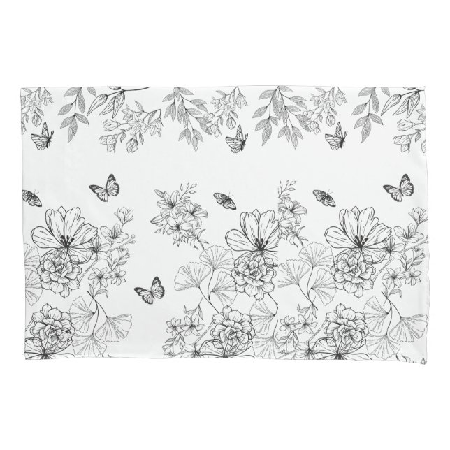 Black and White Floral Nature Pattern Minimalist Pillow Case (Front)
