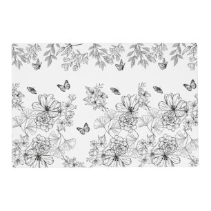 Black and White Floral Nature Pattern Minimalist Placemat