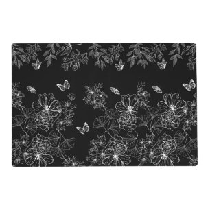 Black and White Floral Nature Pattern Minimalist Placemat