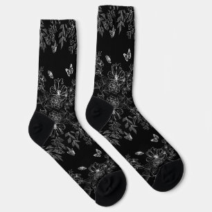 Black and White Floral Nature Pattern Minimalist Socks
