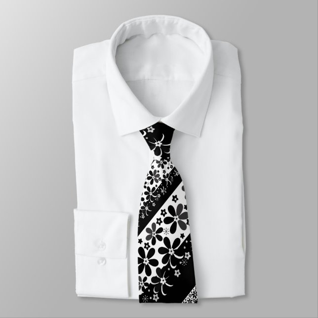 Black and white floral  neck tie (Tied)