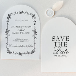 Black And White Floral Old Money Arched Wedding Save The Date
