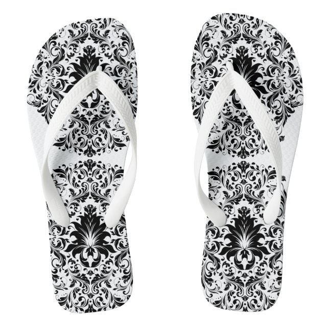 Black And White Floral Ornament Flip Flops (Footbed)