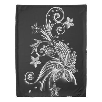 Black and white floral ornament, flowers, curves duvet cover