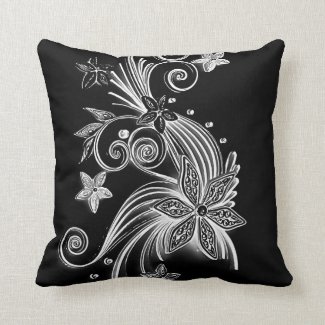 Black and white floral ornament, flowers, curves throw pillow