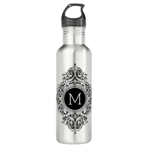 Black And White Floral Ornament Stainless Steel Water Bottle