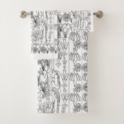 Black And White Floral Outline 3 Piece  Bath Towel Set