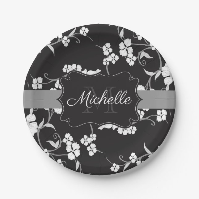 Black and White Floral Paper Plates (Front)