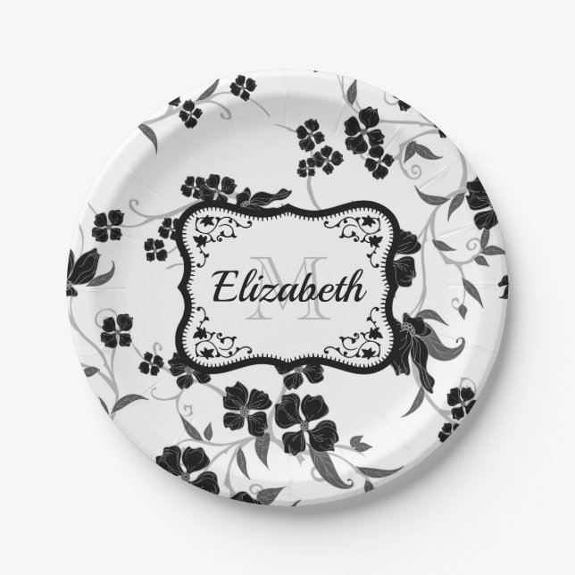 Black and White Floral Paper Plates (Front)