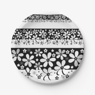 Black and white floral paper plates