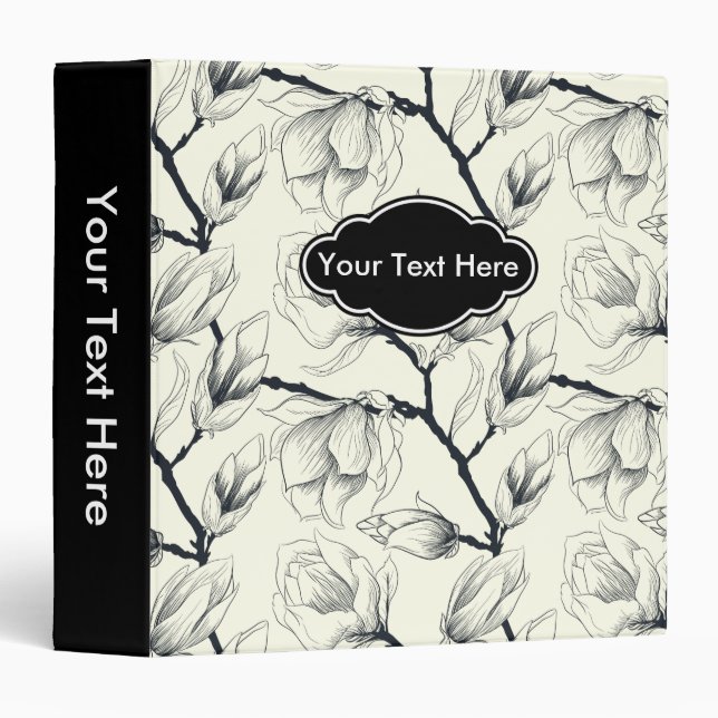 Black and White Floral Pattern 3 Ring Binder (Front/Spine)