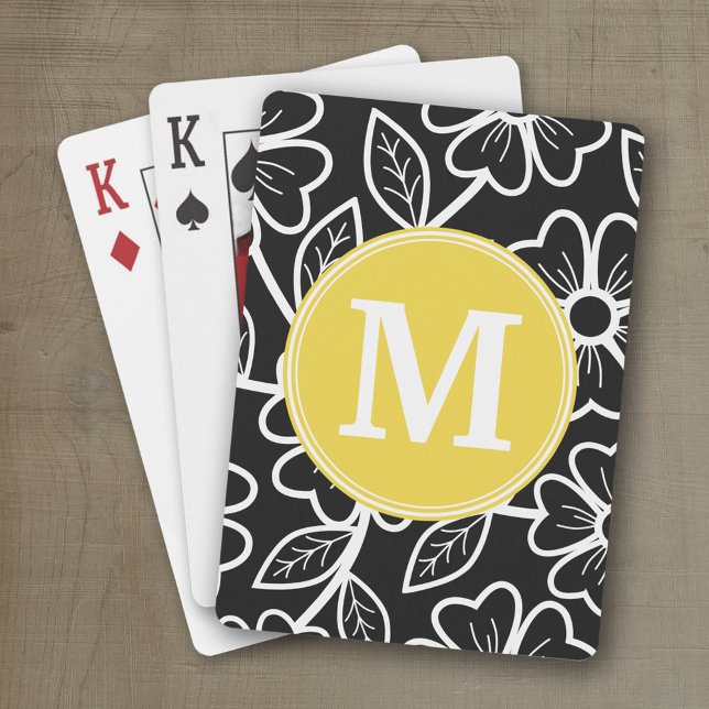 Black and White Floral Pattern Custom Monogram Poker Cards (Personalized playing cards with a funky floral pattern and a place for a name)