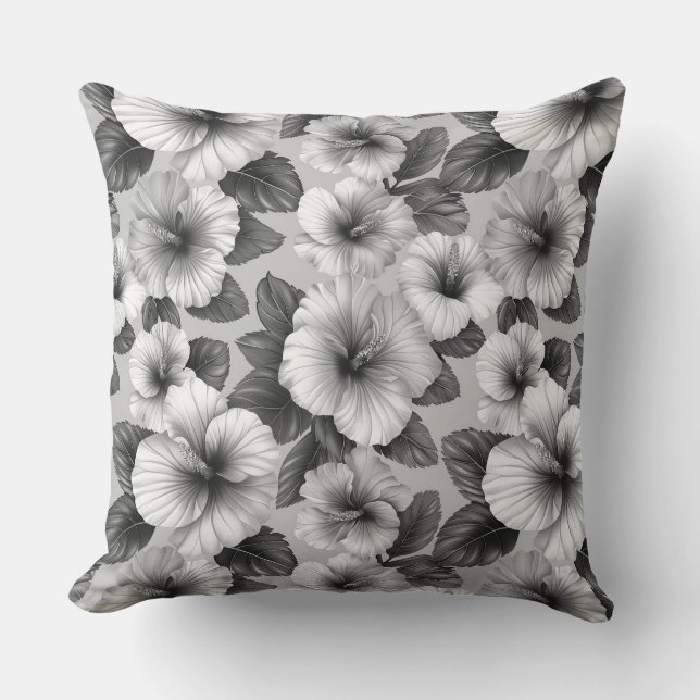 Black and white floral pattern hibiscus flowers throw pillow (Front)