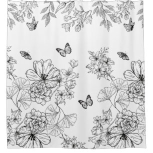 Black and White Floral Pattern Minimalist Modern Shower Curtain