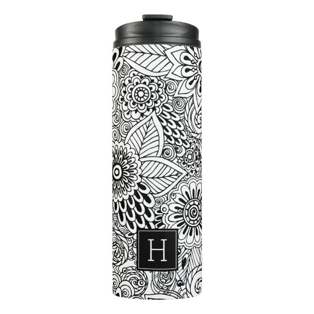 Black and White Floral Pattern Monogrammed Thermal Tumbler (Front)