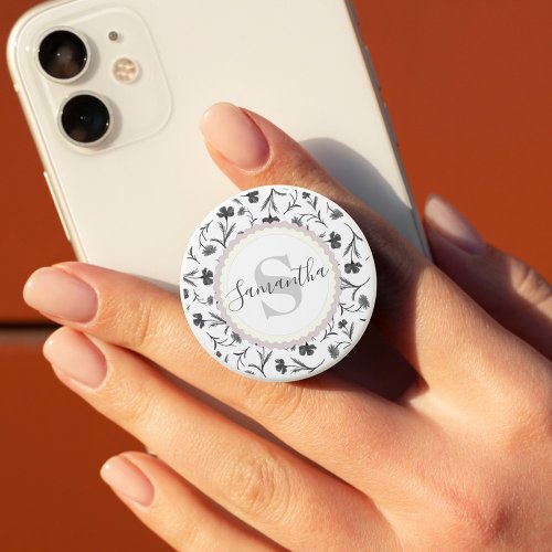 Black and White Floral Pattern _ Name and Monogram PopSocket