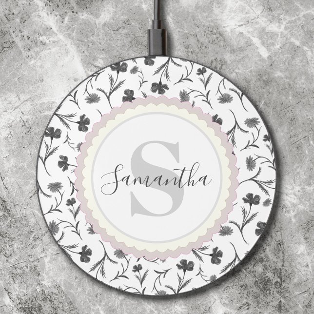 Black and White Floral Pattern - Name and Monogram Wireless Charger (Creator Uploaded)