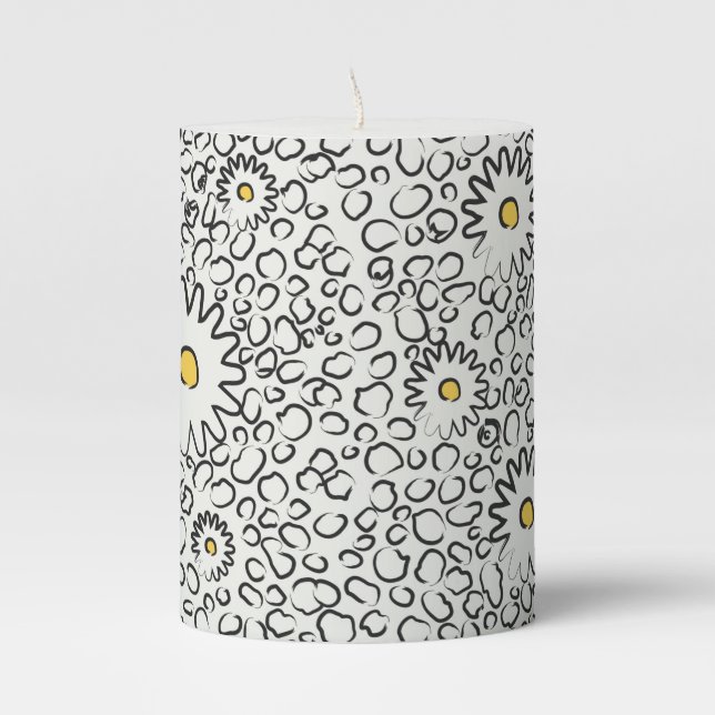 black and white floral pattern pillar candle (Front)