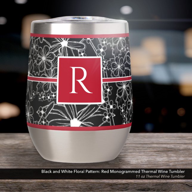 Black and White Floral Pattern: Red Monogrammed Thermal Wine Tumbler (Black and White Floral Pattern on an 11 oz Thermal Wine Tumbler with Monogram in Red)