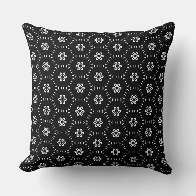 Black and White Floral Pattern Throw Pillow (Front)