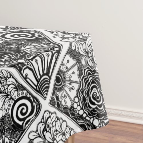 Black And White Floral Patterned Drawing  Tablecloth