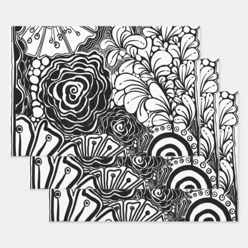 Black And White Floral Patterned Drawing  Wrapping Paper Sheets