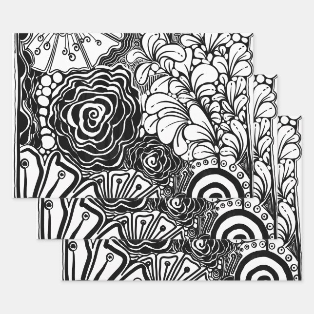 Black And White Floral Patterned Drawing  Wrapping Paper Sheets (Set)