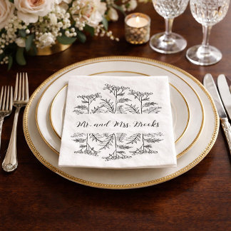 Black and White Floral Personalized Wedding Napkin