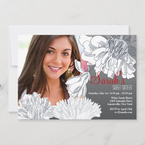 Black and White Floral Photo Invitation