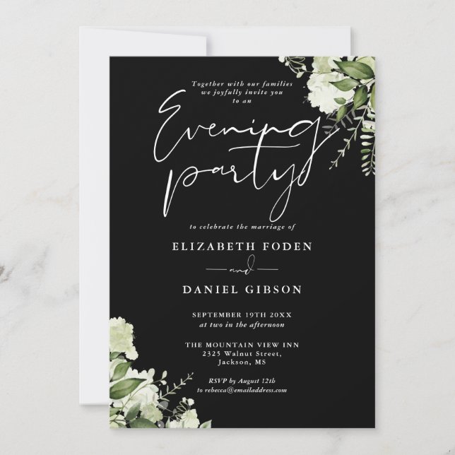 Black And White Floral Photo Wedding Evening Party Invitation (Front)