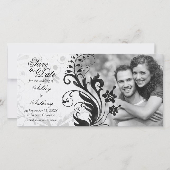 Black and White Floral Photo Wedding Save the Date (Front)