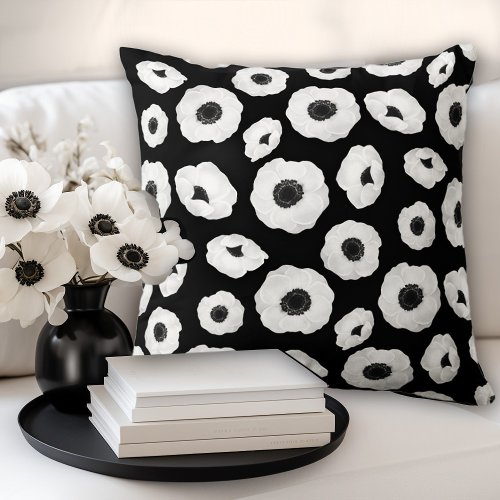Black and White Floral Pillow Anemone Pattern 