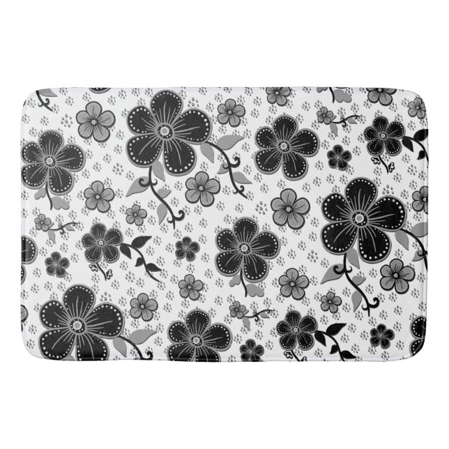 Black and White Floral Print Bath Mat (Front)