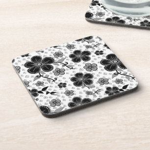 Black and White Floral Print Beverage Coaster