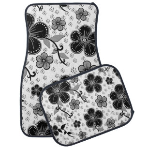Black and White Floral Print Car Floor Mat