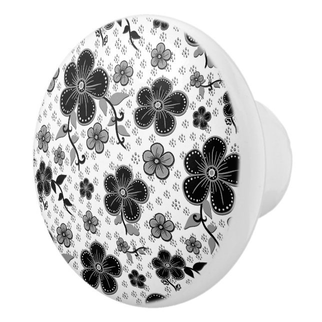 Black and White Floral Print Ceramic Knob (Right)