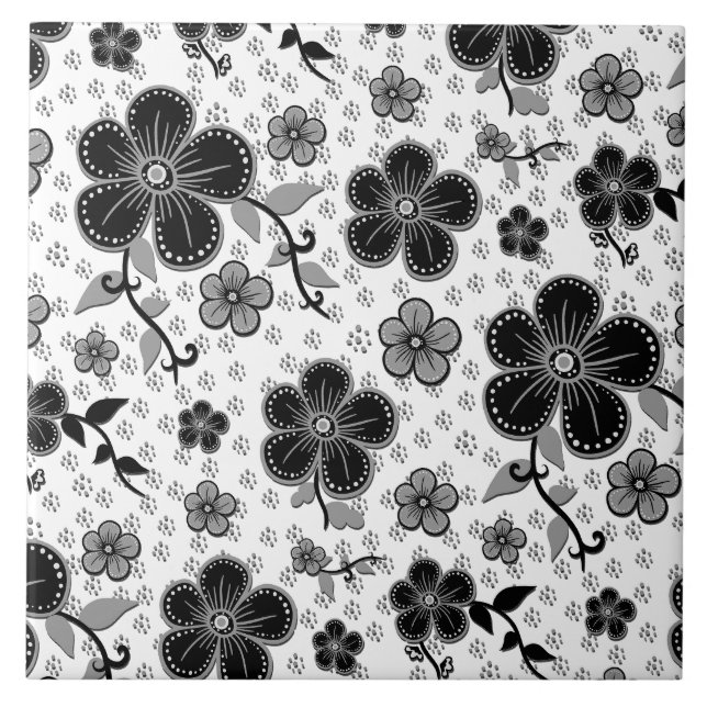 Black and White Floral Print Ceramic Tile (Front)