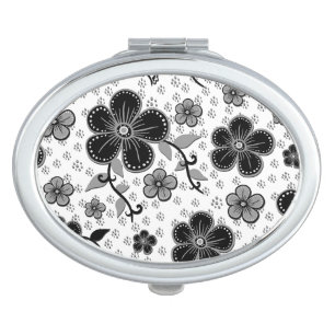 Black and White Floral Print Compact Mirror