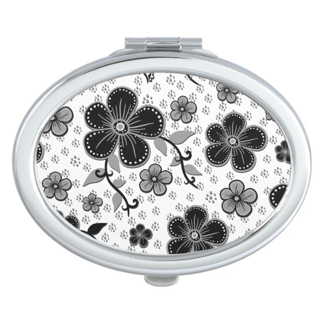 Black and White Floral Print Compact Mirror (Front)