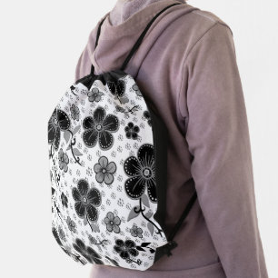 Black and White Floral Print Drawstring Bag