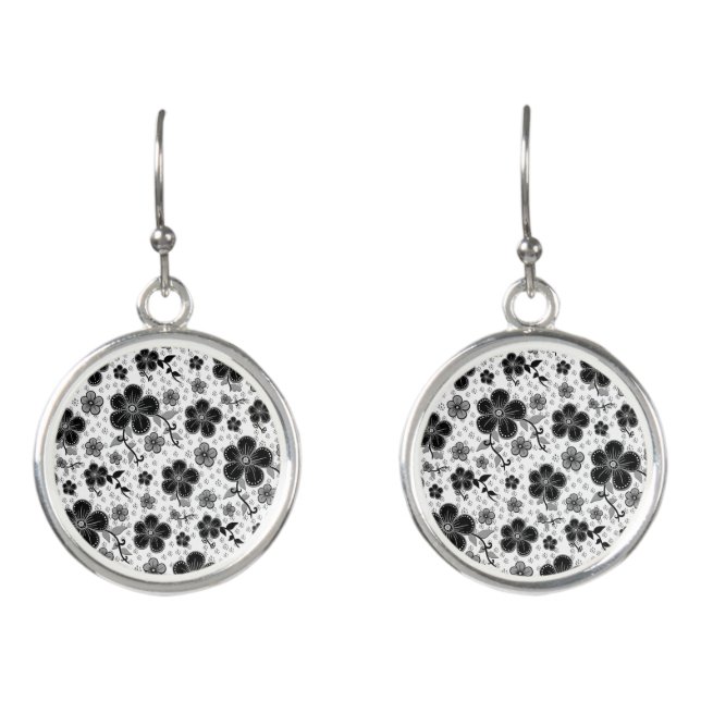 Black and White Floral Print Earrings (Front)